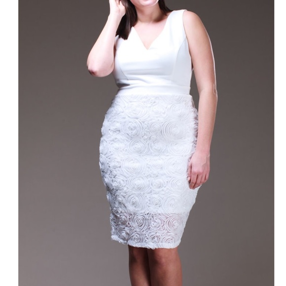 SOLD White Floral Mesh Rosette Skirt Bodycon Dress - Picture 3 of 4